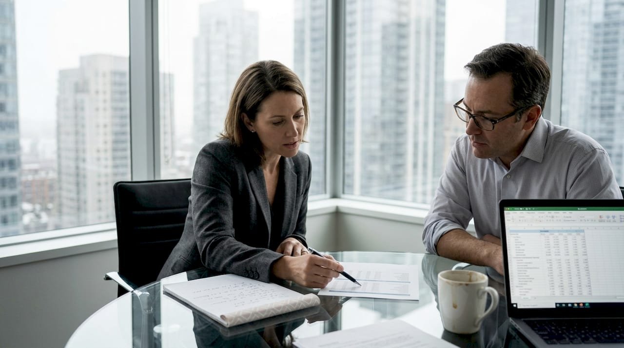 Consultant and CFO review documents in office