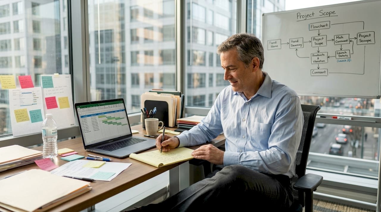 Consultant reviewing notes in tech office