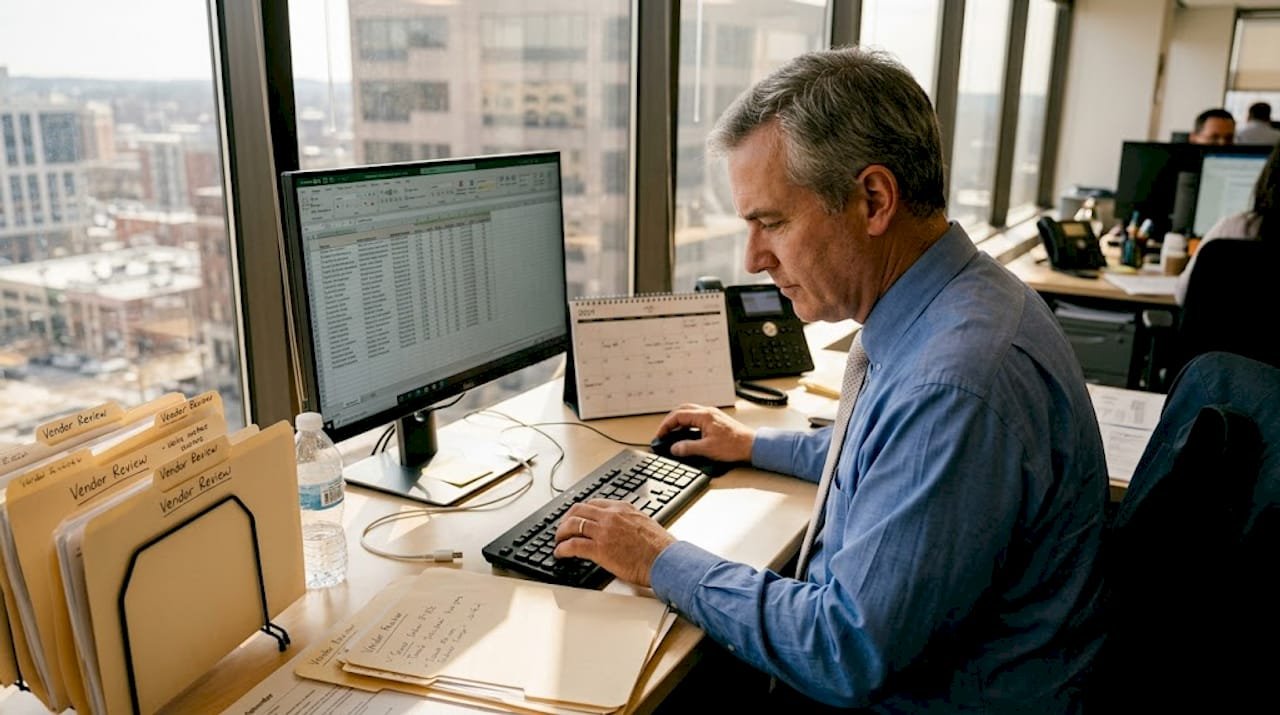 Manager reviews vendor files in office