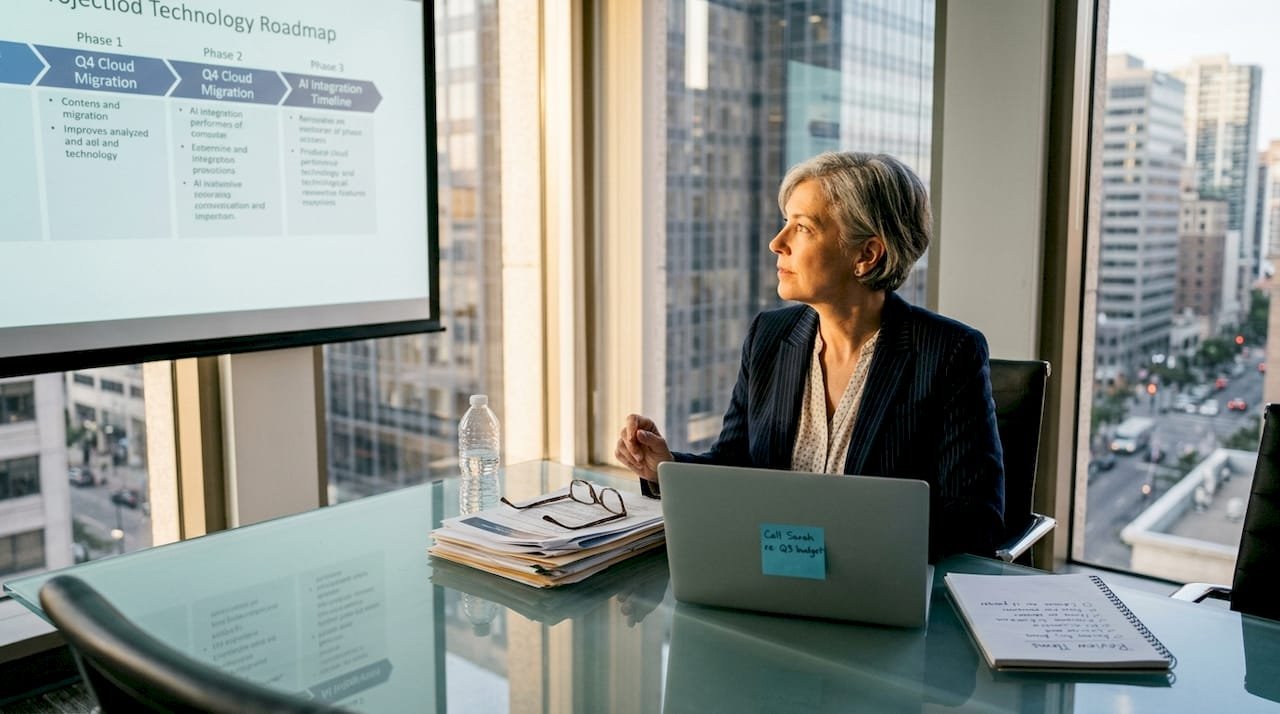 Executive reviewing technology roadmap in glass office