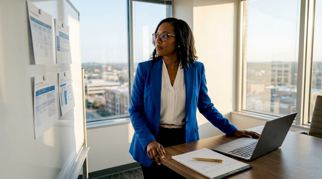 Virtual CIO reviewing IT strategy documents in office