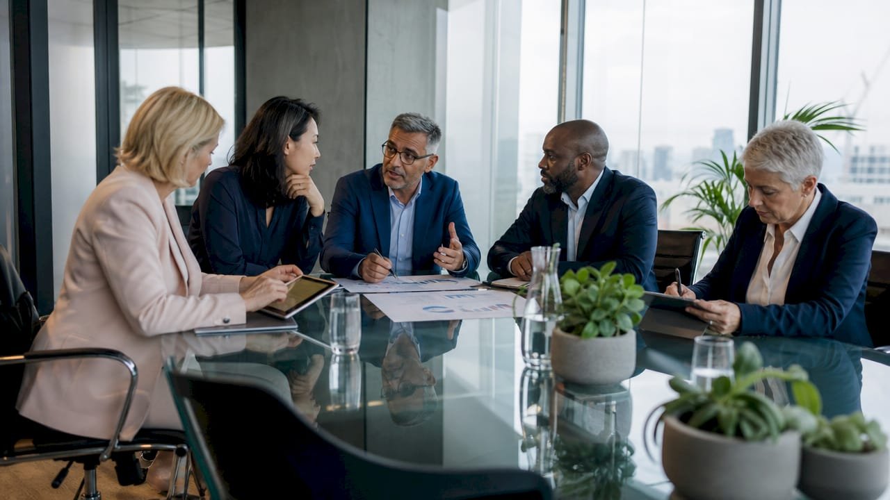 Directors in boardroom reviewing risk documents