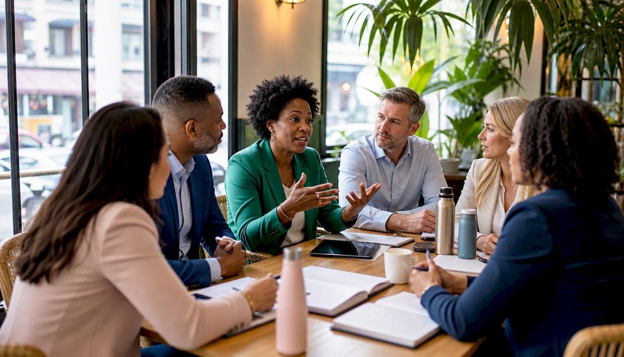 Diverse team in leadership meeting around table