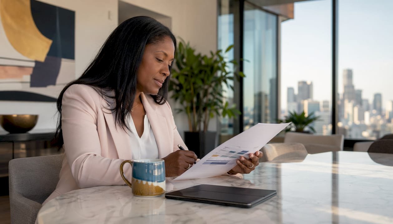 Businesswoman reviewing IT roadmap plan