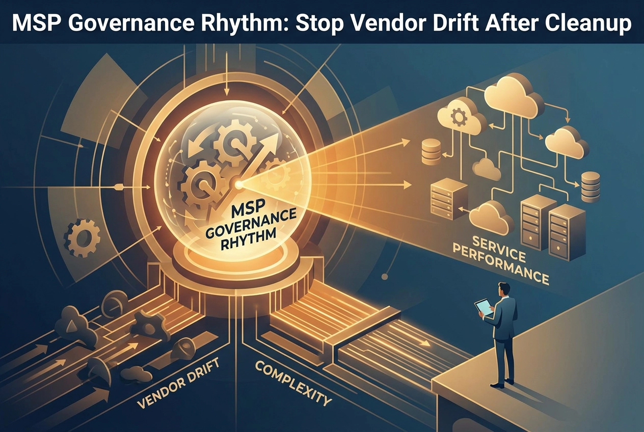 Professional header image for educational tutorial: MSP Governance Rhythm: Stop Vendor Drift After Cleanup